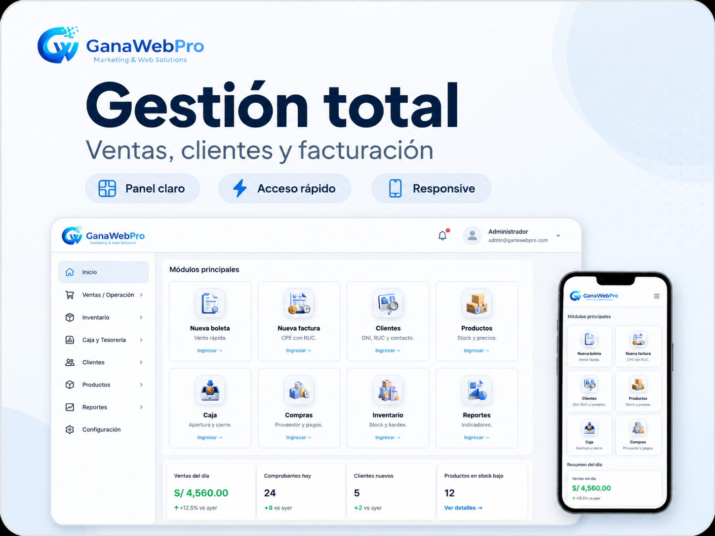 Panel de ventas e historial de GanaWebPro Facturación