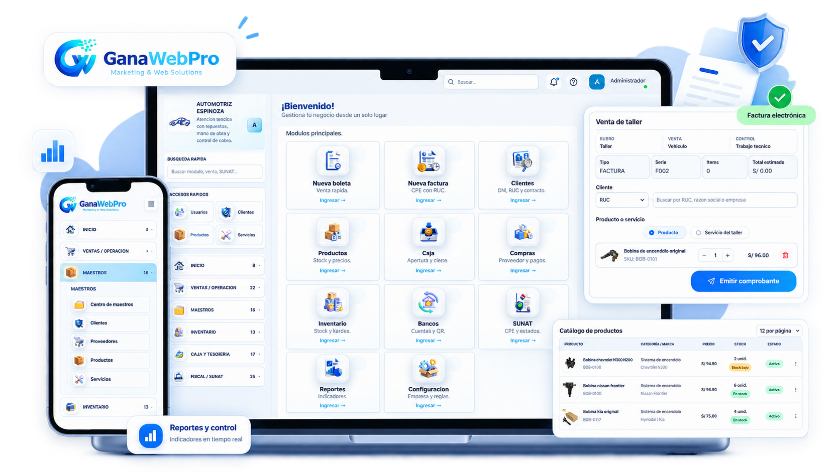 Panel completo del sistema de facturación GanaWebPro